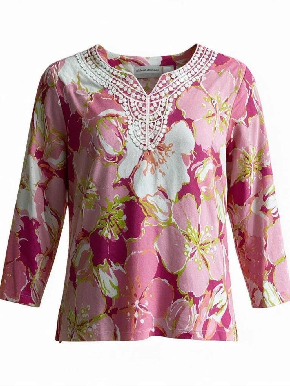 Alfred Dunner Pink Floral Long Sleeve Top with Embellished Neckline